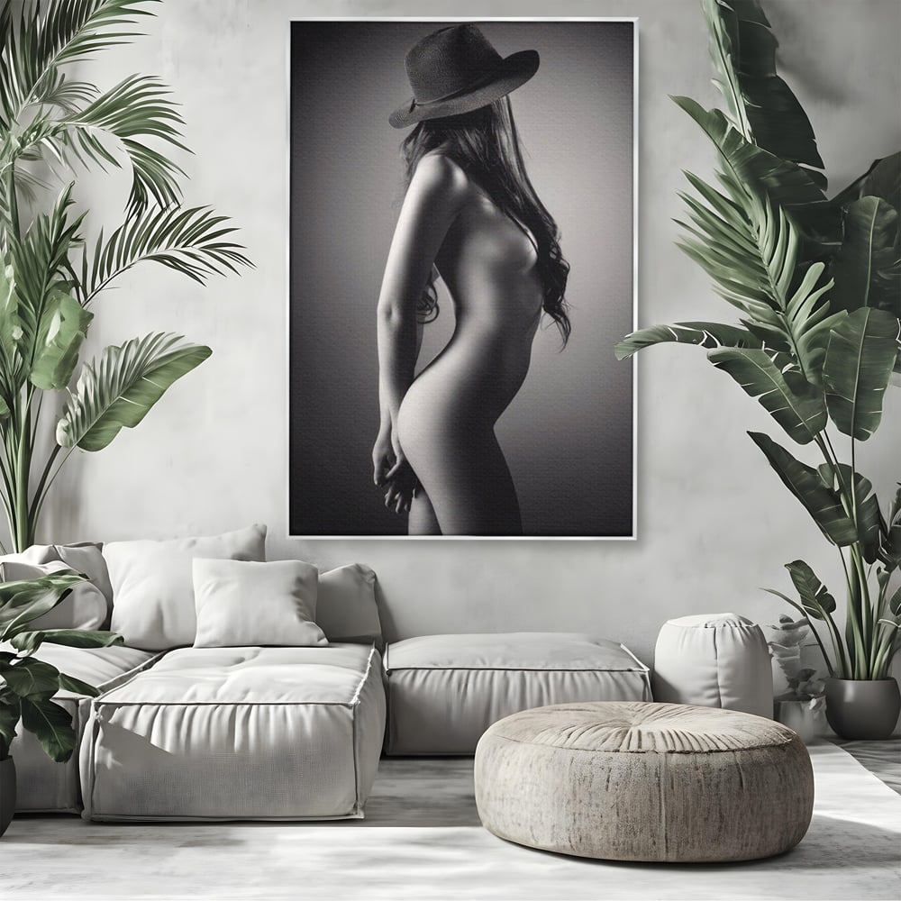 Tablou canvas cu tablou canvas cu silueta de femeie, in rama de aluminiu argintiu, pe perete intr-un living
